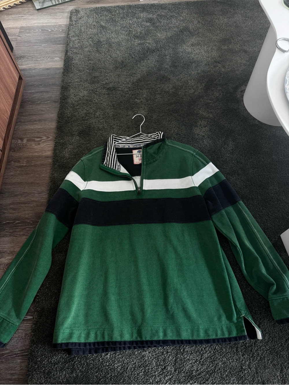 Fat Face Green, Navy & White Striped Quarter-Zip Sweater